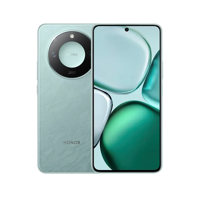 هاتف هونر X9c باللون الأخضر الفاتح، يظهر من الأمام والخلف مع شاشة AMOLED ومنظار كاميرا دائري 108MP